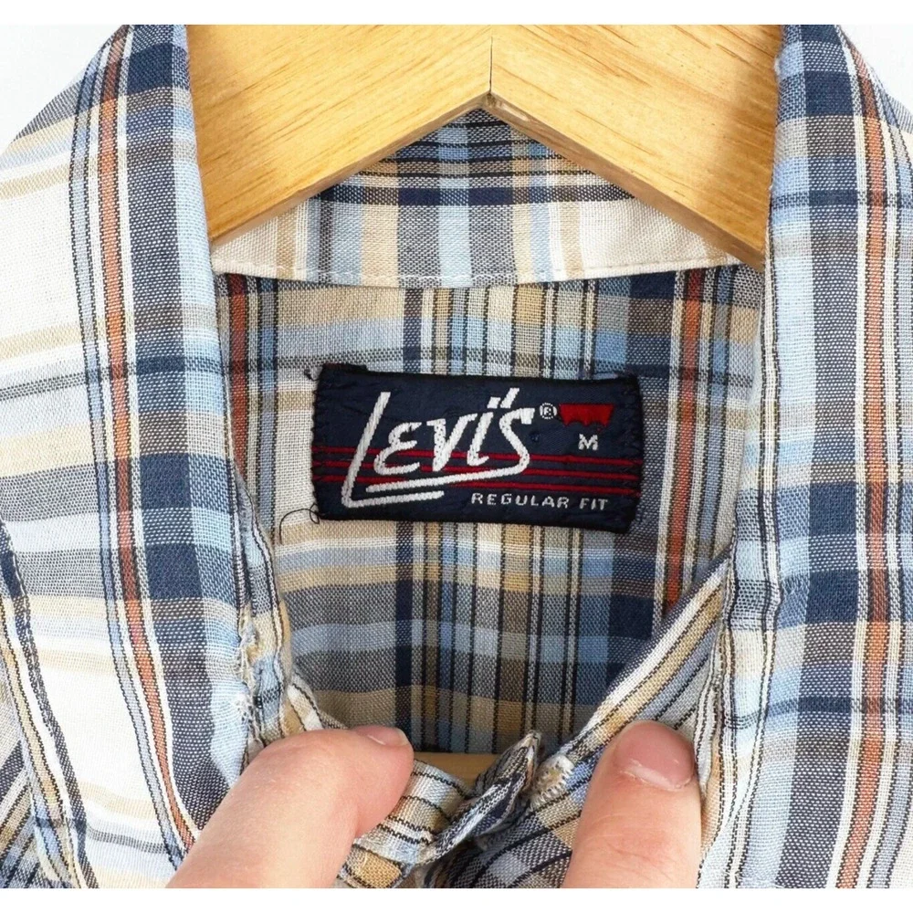 VTG‎ Levi's Men Western Pearl Snap Shirt Medium Plaid Cowboy Ranch Rodeo Retro